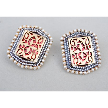 Hexagonal Pearl Rimmed Stud Red Earrings 